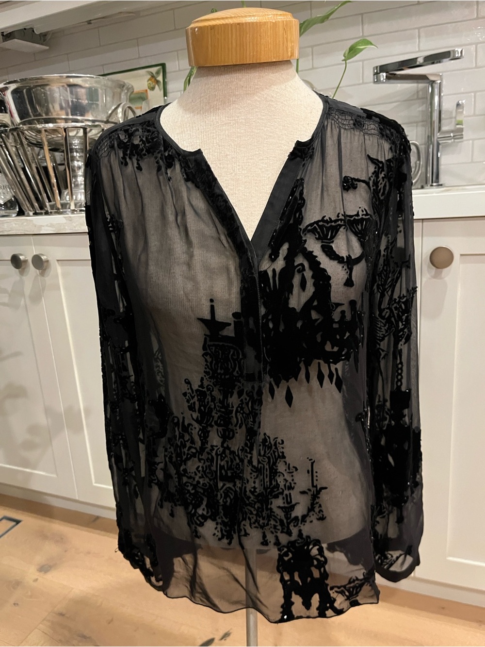 Hale Bob Sheer Black Chiffon Blouse with Velvet Burnout and beaded Design